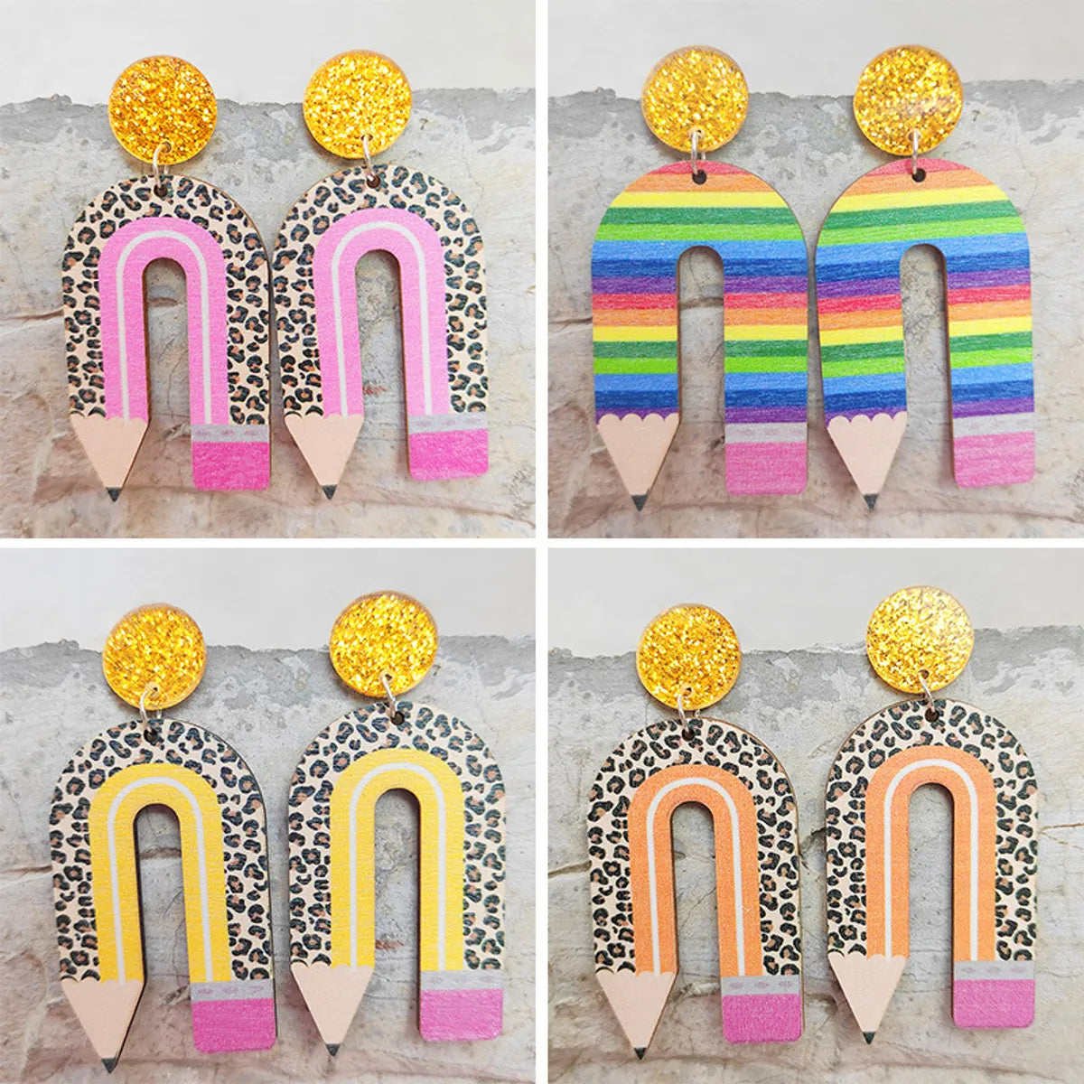 1 Pair Novelty Simple Style Rainbow Leopard Pencil Printing Arylic Wood Drop Earrings