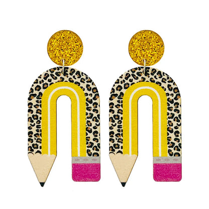 1 Pair Novelty Simple Style Rainbow Leopard Pencil Printing Arylic Wood Drop Earrings