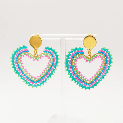 1 Pair Original Design Heart Shape Glass Seed Bead Drop Earrings