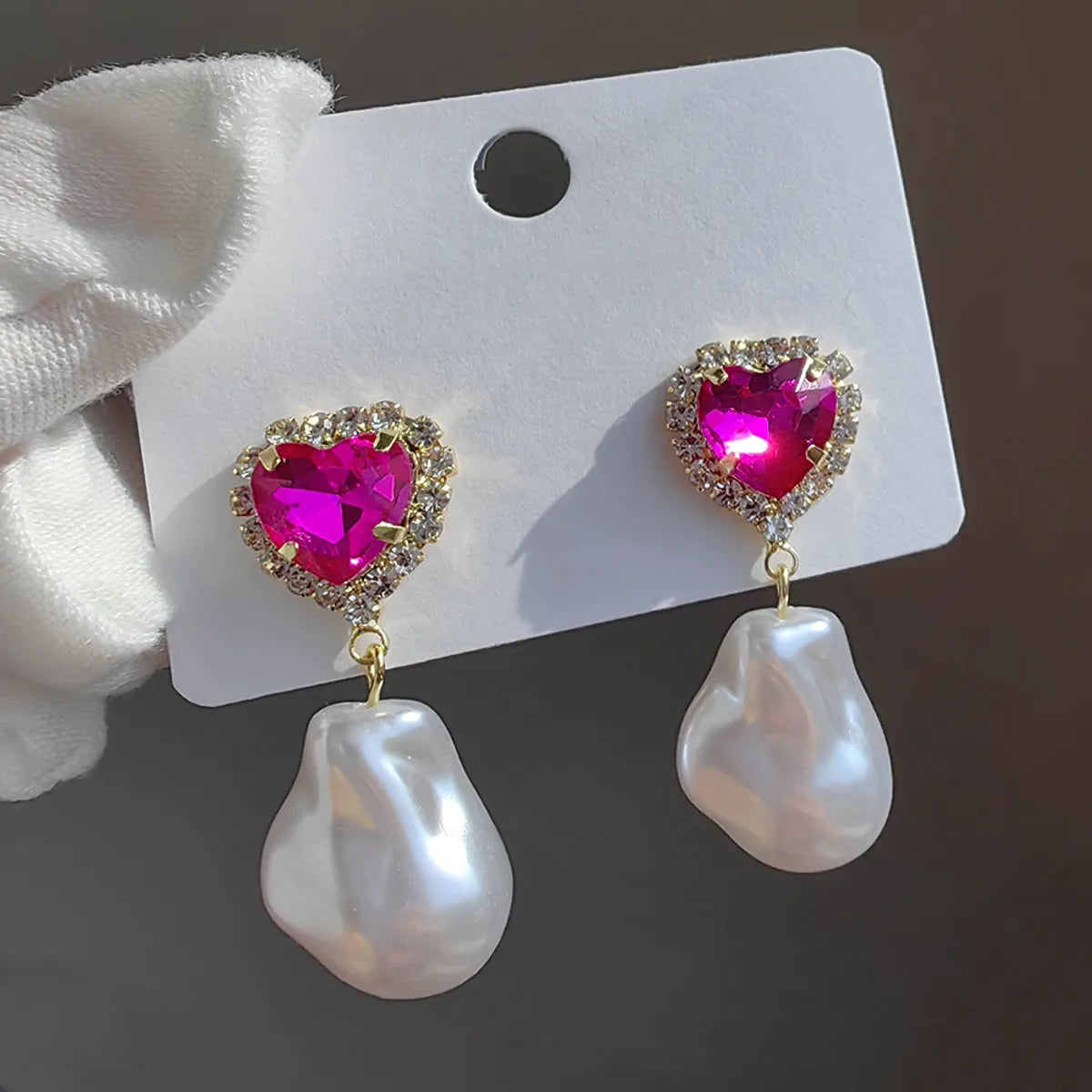 1 Pair Original Design Heart Shape Inlay Imitation Pearl Artificial Diamond Drop Earrings