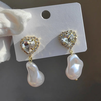 1 Pair Original Design Heart Shape Inlay Imitation Pearl Artificial Diamond Drop Earrings