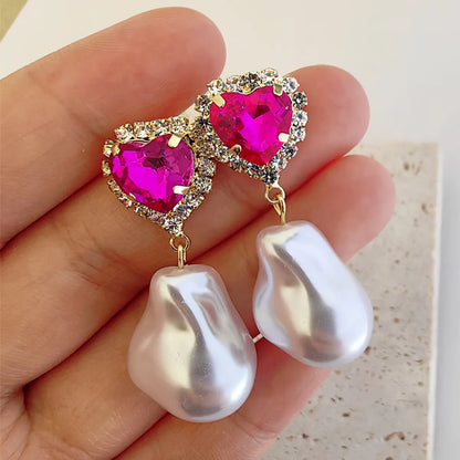 1 Pair Original Design Heart Shape Inlay Imitation Pearl Artificial Diamond Drop Earrings