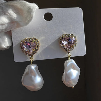 1 Pair Original Design Heart Shape Inlay Imitation Pearl Artificial Diamond Drop Earrings