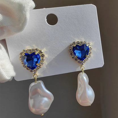 1 Pair Original Design Heart Shape Inlay Imitation Pearl Artificial Diamond Drop Earrings