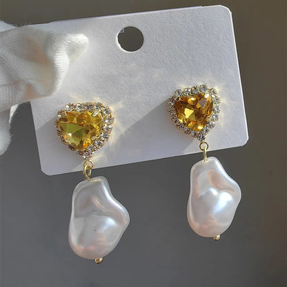 1 Pair Original Design Heart Shape Inlay Imitation Pearl Artificial Diamond Drop Earrings