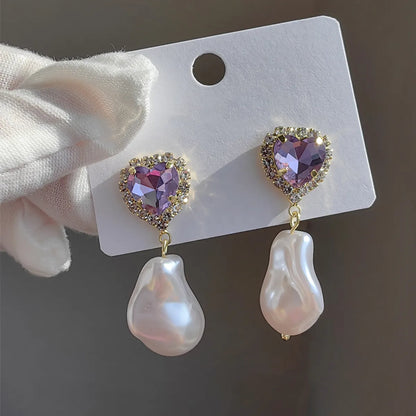 1 Pair Original Design Heart Shape Inlay Imitation Pearl Artificial Diamond Drop Earrings