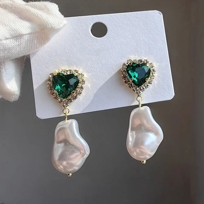 1 Pair Original Design Heart Shape Inlay Imitation Pearl Artificial Diamond Drop Earrings