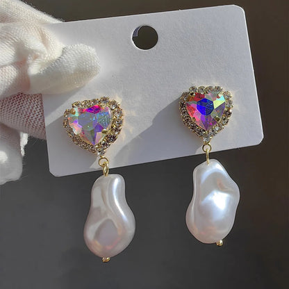 1 Pair Original Design Heart Shape Inlay Imitation Pearl Artificial Diamond Drop Earrings