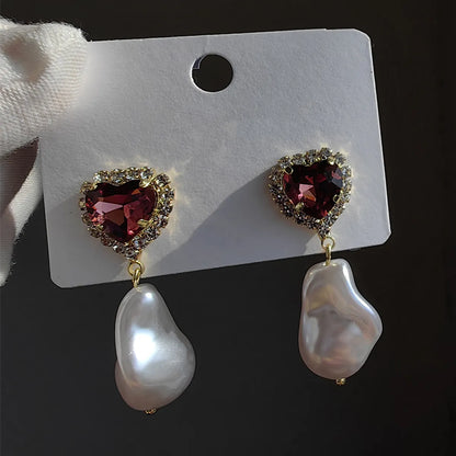 1 Pair Original Design Heart Shape Inlay Imitation Pearl Artificial Diamond Drop Earrings