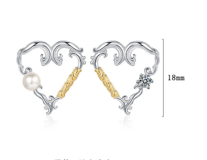 1 Pair Original Design Heart Shape Plating Inlay Sterling Silver Freshwater Pearl Zircon 24k Gold Plated White Gold Plated Ear Studs