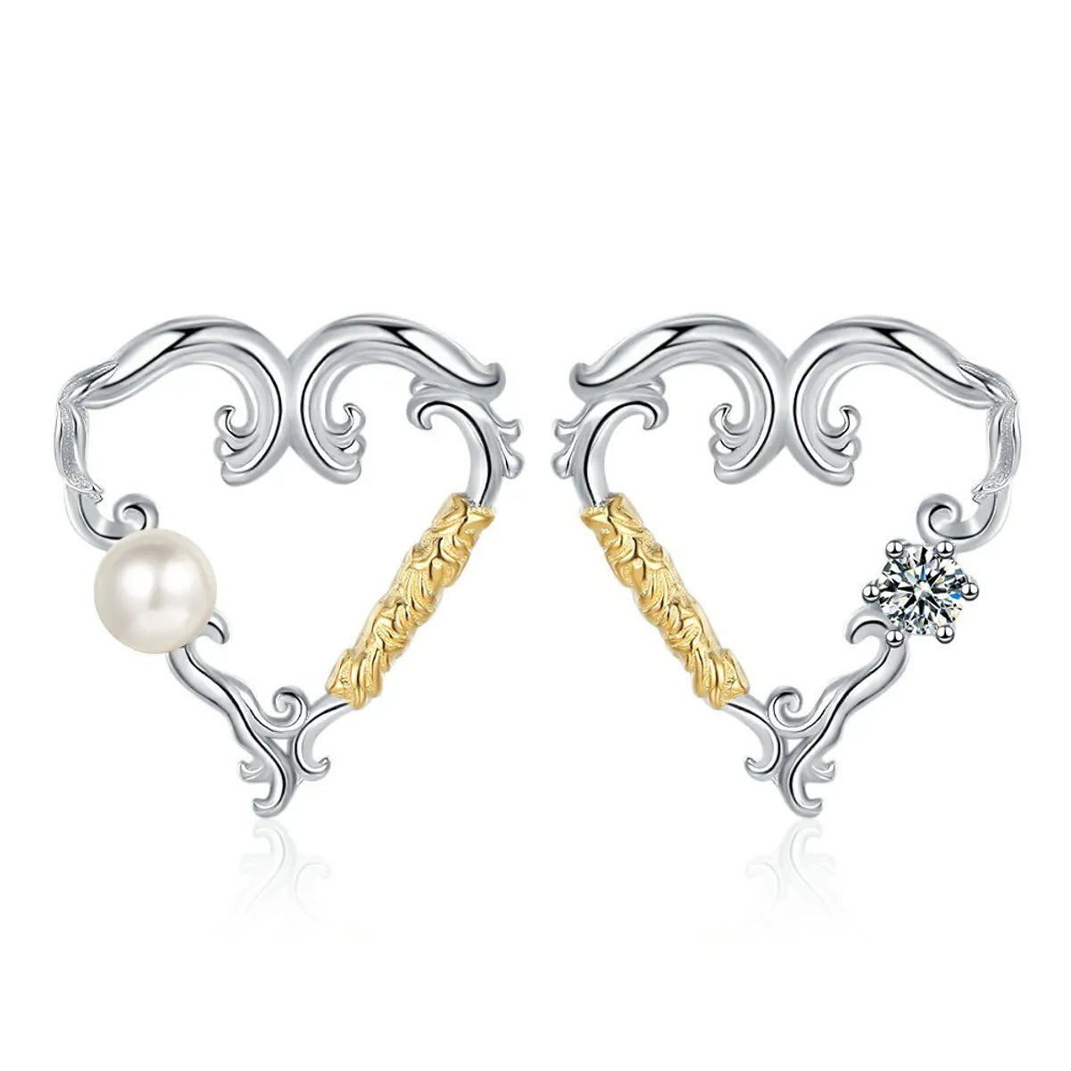 1 Pair Original Design Heart Shape Plating Inlay Sterling Silver Freshwater Pearl Zircon 24k Gold Plated White Gold Plated Ear Studs