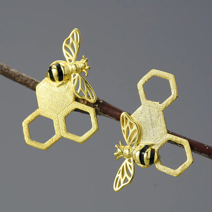 1 Pair Original Design Honeycomb Bee Plating Sterling Silver Ear Studs