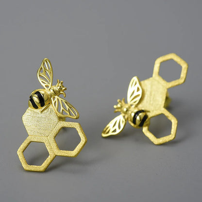 1 Pair Original Design Honeycomb Bee Plating Sterling Silver Ear Studs