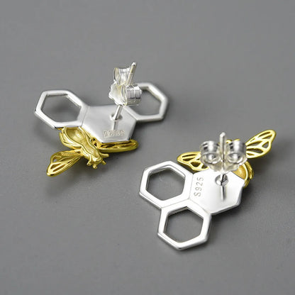 1 Pair Original Design Honeycomb Bee Plating Sterling Silver Ear Studs