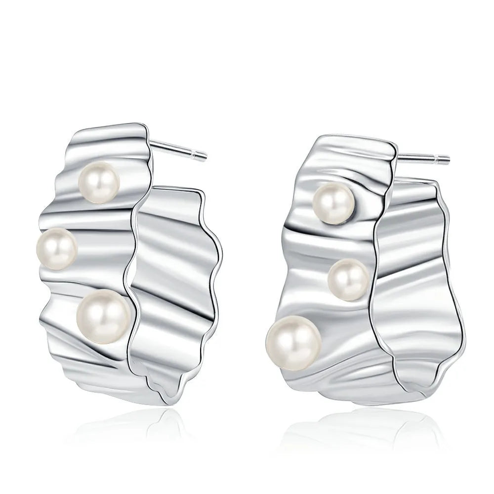 1 Pair Original Design Pearl Plating Pleated Inlay Sterling Silver Shell 24k Gold Plated White Gold Plated Ear Studs