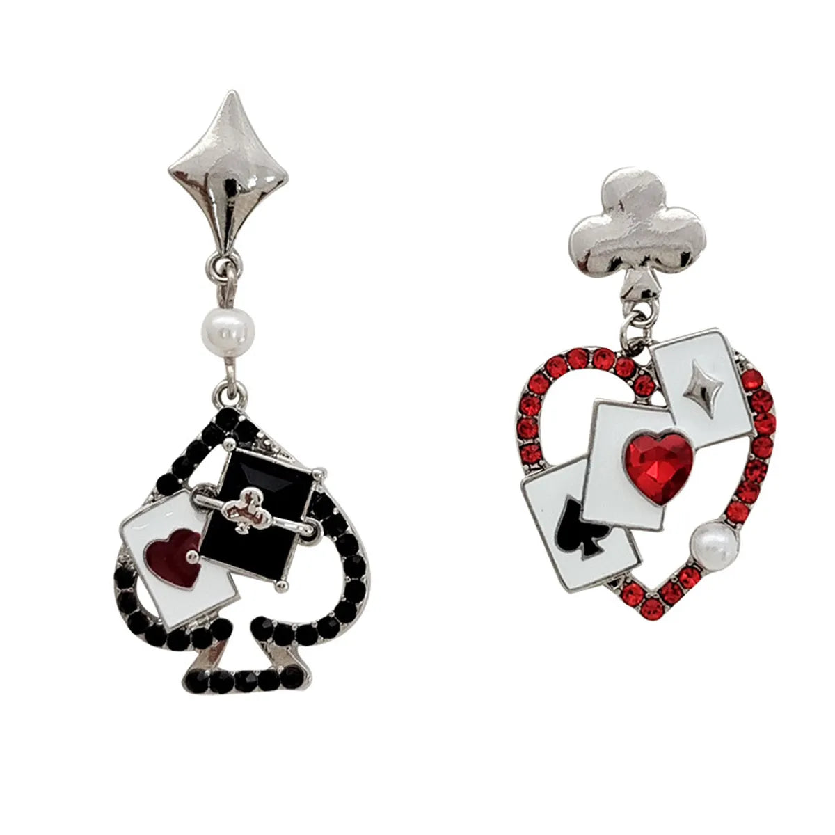 1 Pair Original Design Poker Heart Shape Asymmetrical Plating Inlay Alloy Artificial Pearls Gem Glass Drop Earrings