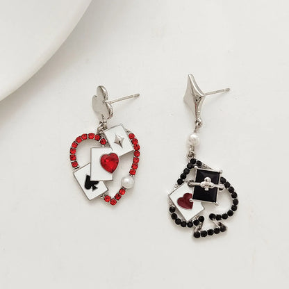 1 Pair Original Design Poker Heart Shape Asymmetrical Plating Inlay Alloy Artificial Pearls Gem Glass Drop Earrings