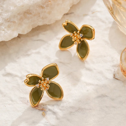 1 Pair Original Design Romantic Flower Enamel Inlay Copper Artificial Pearls Rhinestones Zircon 18K Gold Plated Ear Studs