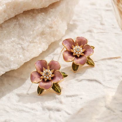 1 Pair Original Design Romantic Flower Enamel Inlay Copper Artificial Pearls Rhinestones Zircon 18K Gold Plated Ear Studs