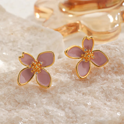 1 Pair Original Design Romantic Flower Enamel Inlay Copper Artificial Pearls Rhinestones Zircon 18K Gold Plated Ear Studs