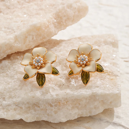 1 Pair Original Design Romantic Flower Enamel Inlay Copper Artificial Pearls Rhinestones Zircon 18K Gold Plated Ear Studs