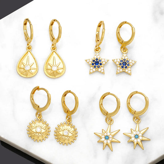 1 Pair Original Design Streetwear Sun Star Plating Inlay Copper Zircon 18k Gold Plated Drop Earrings