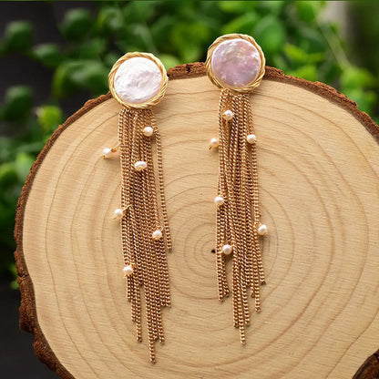 1 Pair Original Design Tassel Plating Inlay Freshwater Pearl Pearl 18k Gold Plated Drop Earrings