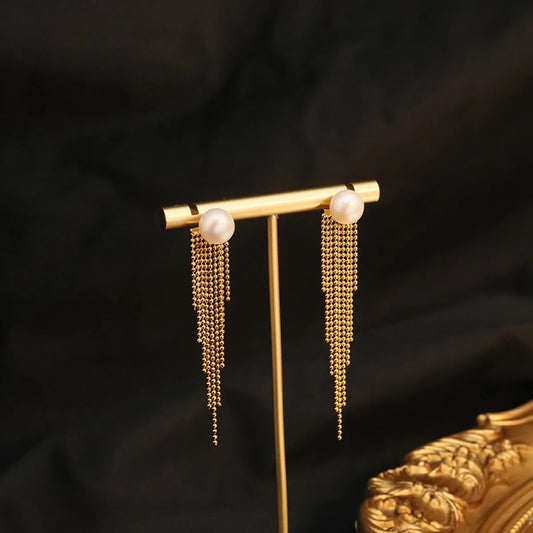 1 Pair Original Design Tassel Plating Inlay Sterling Silver Pearl 18k Gold Plated Drop Earrings