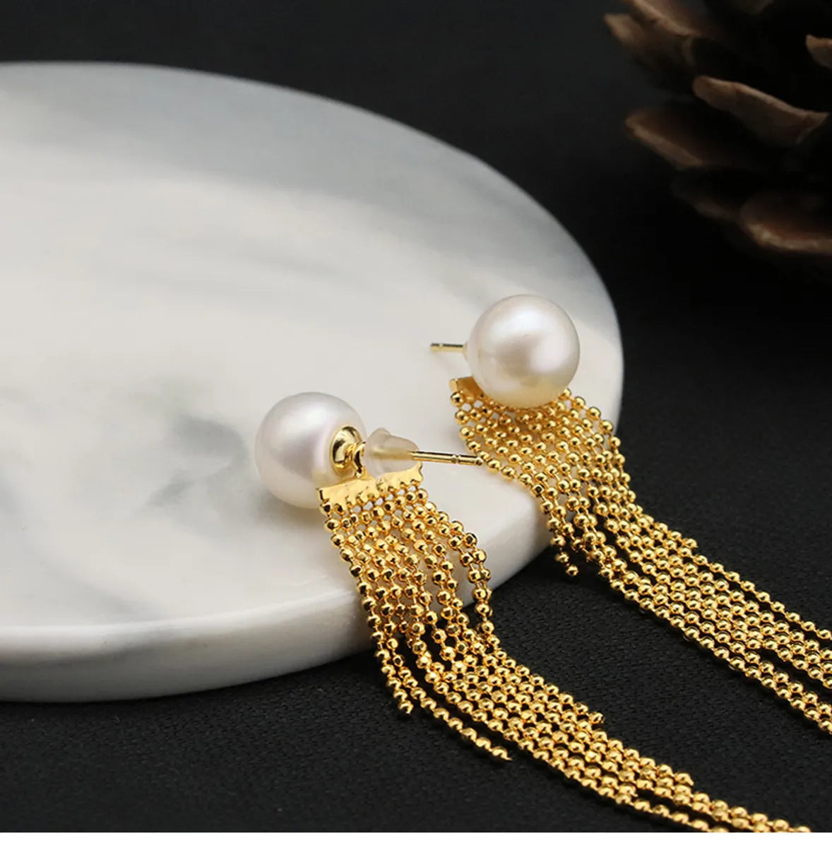 1 Pair Original Design Tassel Plating Inlay Sterling Silver Pearl 18k Gold Plated Drop Earrings