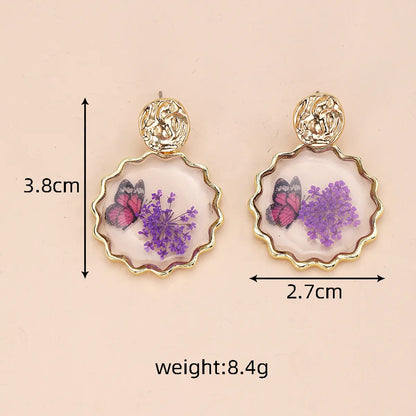 1 Pair Pastoral Classic Style Flower Butterfly Epoxy Alloy Dried Flower Resin Drop Earrings