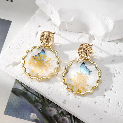 1 Pair Pastoral Classic Style Flower Butterfly Epoxy Alloy Dried Flower Resin Drop Earrings