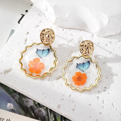 1 Pair Pastoral Classic Style Flower Butterfly Epoxy Alloy Dried Flower Resin Drop Earrings