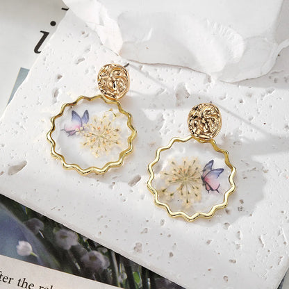 1 Pair Pastoral Classic Style Flower Butterfly Epoxy Alloy Dried Flower Resin Drop Earrings