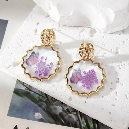 1 Pair Pastoral Classic Style Flower Butterfly Epoxy Alloy Dried Flower Resin Drop Earrings