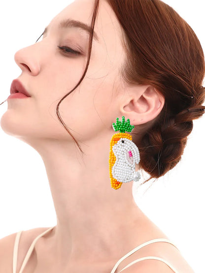 1 Pair Pastoral Rabbit Carrot Handmade Braid Alloy Seed Bead Drop Earrings