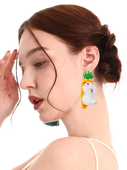 1 Pair Pastoral Rabbit Carrot Handmade Braid Alloy Seed Bead Drop Earrings