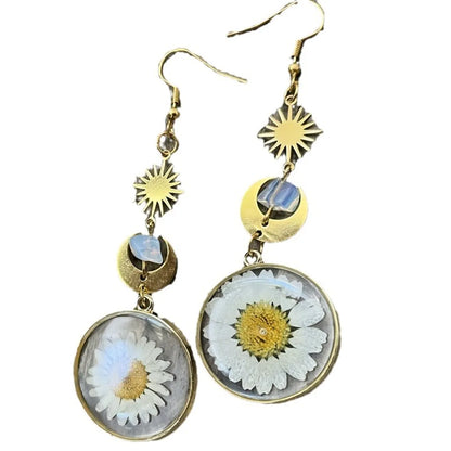 1 Pair Pastoral Sun Moon Flower Metal Drop Earrings