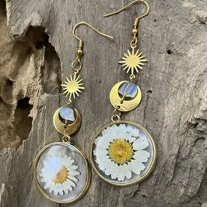 1 Pair Pastoral Sun Moon Flower Metal Drop Earrings