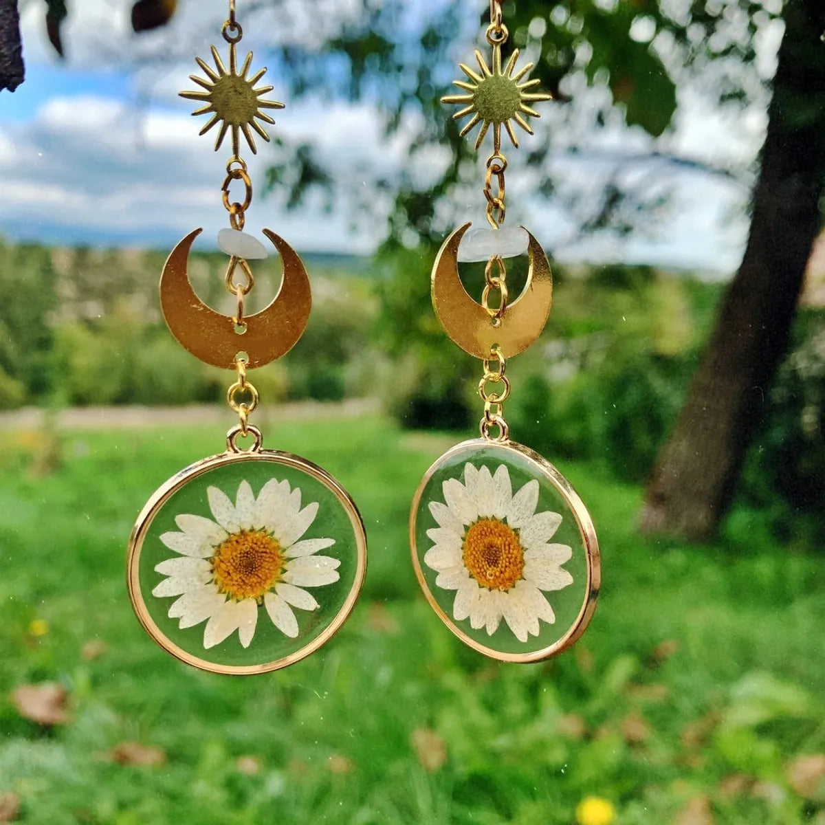 1 Pair Pastoral Sun Moon Flower Metal Drop Earrings