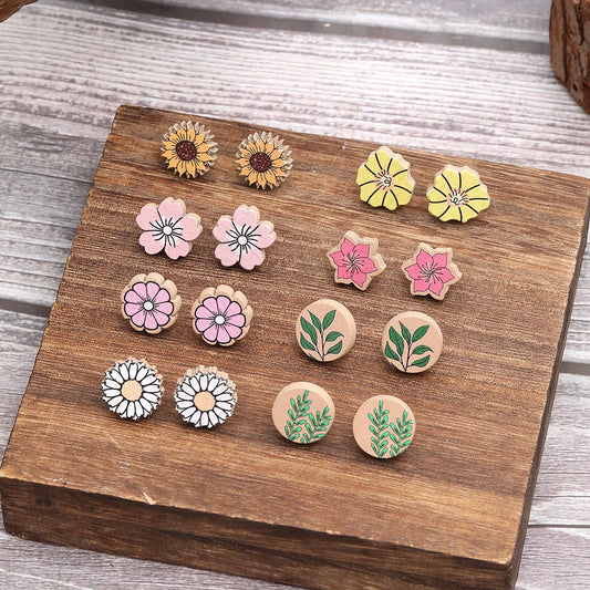 1 Pair Pastoral Sunflower Flower Wood Ear Studs