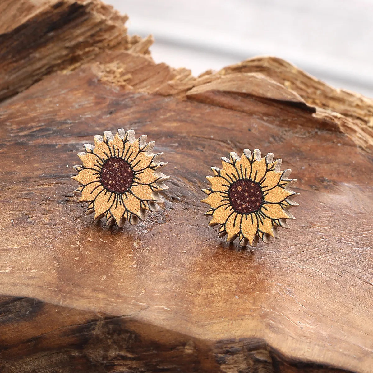 1 Pair Pastoral Sunflower Flower Wood Ear Studs