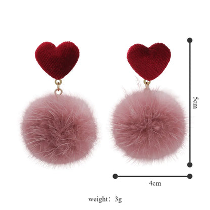 1 Pair Princess Cute Heart Shape Cloth Hairball Drop Earrings