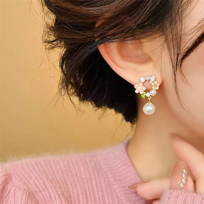 1 Pair Princess Cute Sweet Flower Plating Inlay Alloy Pearl Silver Plated Drop Earrings