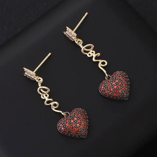 1 Pair Princess Sweet Heart Shape Inlay Copper Rhinestones Zircon 18K Gold Plated Drop Earrings