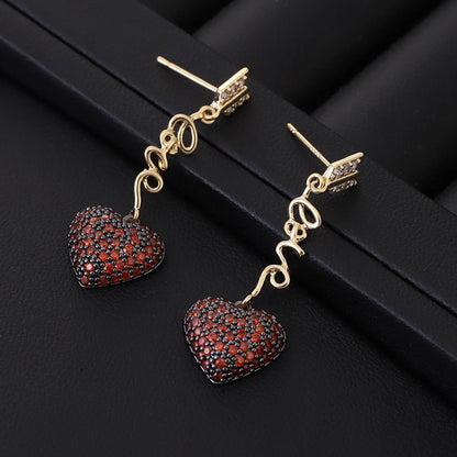 1 Pair Princess Sweet Heart Shape Inlay Copper Rhinestones Zircon 18K Gold Plated Drop Earrings