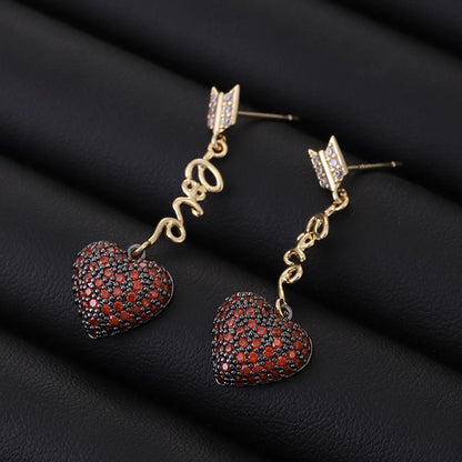 1 Pair Princess Sweet Heart Shape Inlay Copper Rhinestones Zircon 18K Gold Plated Drop Earrings