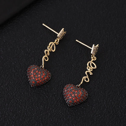 1 Pair Princess Sweet Heart Shape Inlay Copper Rhinestones Zircon 18K Gold Plated Drop Earrings