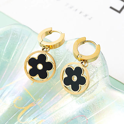 1 Pair Punk Flower Titanium Steel Patchwork Inlay Shell Drop Earrings