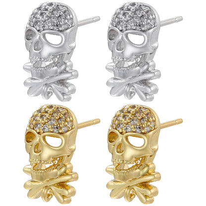 1 Pair Punk Skull Copper Plating Hollow Out Inlay Zircon 18k Gold Plated Ear Studs