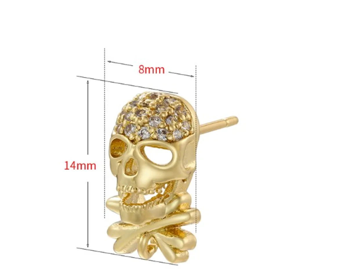 1 Pair Punk Skull Copper Plating Hollow Out Inlay Zircon 18k Gold Plated Ear Studs